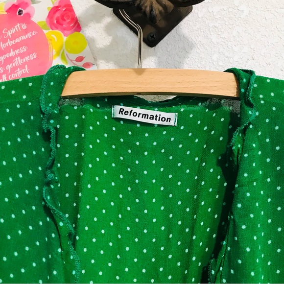 Reformation Sicilia Ruffle Wrap Polka Dot Mini Dress Green Sz XS - Picture 5 of 13